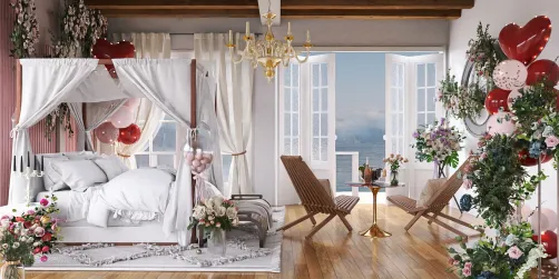 bedroom design featuring a romantic four-poster bed adorned with balloons and flowers, enhancing the cozy atmosphere with a rustic elegance, using Homestyler's real-time 3D rendering for an immersive interior decor experience.