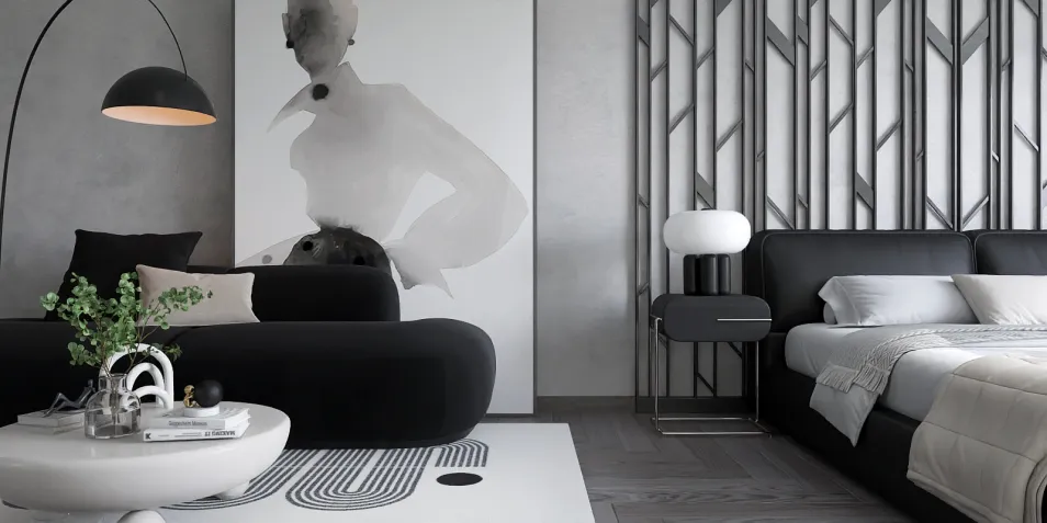 modern living room design with smart furniture arrangement featuring a sleek black sofa and stylish artwork, optimized for interior decor using Homestyler's real-time 3D rendering feature