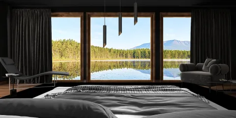 modern bedroom with large windows showcasing a lake view, featuring stylish furniture arrangement, emphasizing interior decor with Homestyler's real-time 3D rendering feature