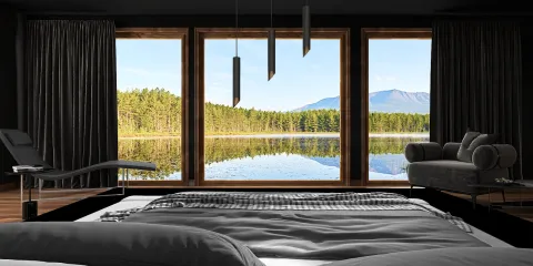 cozy bedroom with large windows showcasing a serene lake view and lush forest, designed using Homestyler's 3D rendering feature for realistic interior visualization.
