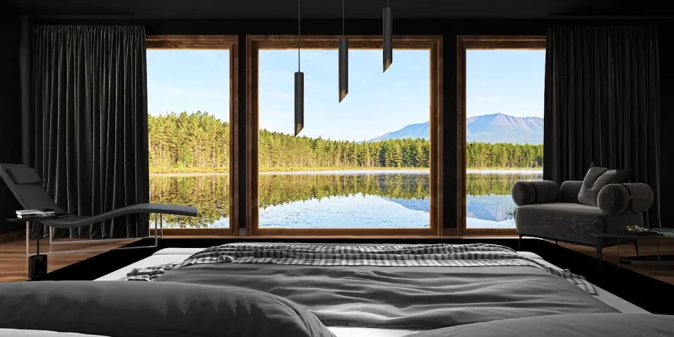 modern bedroom with large windows showcasing outdoor lake view, incorporating smart furniture arrangement for optimal space utilization, featuring realistic 3D rendering functionality from Homestyler.