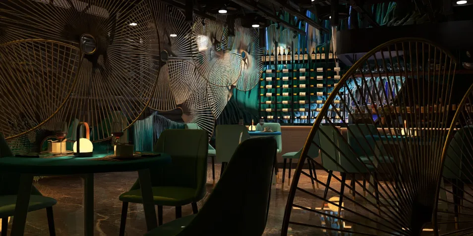 Elegant dining area with artistic wall decor featuring vibrant colors, enhancing the atmosphere for a restaurant; optimized interior design showcasing smart furniture arrangement with Homestyler's real-time 3D rendering feature for an immersive layout experience.
