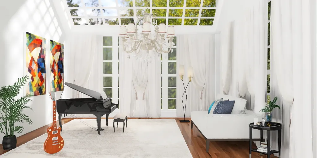 a living room with a piano and a dog 