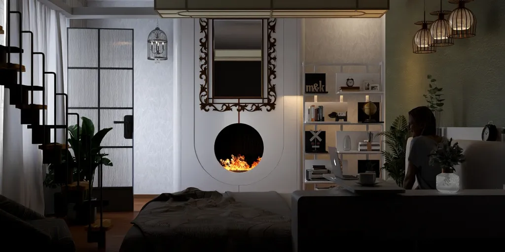 a room with a fireplace and a large mirror 