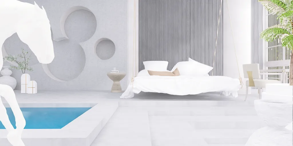 a white bed with a white pillow and a white chair 