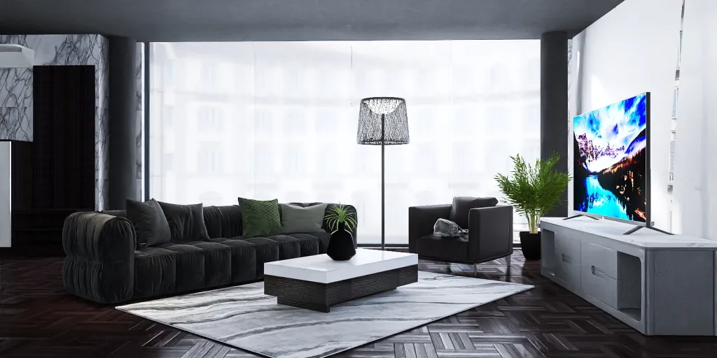 a living room with a couch, tv and a lamp 