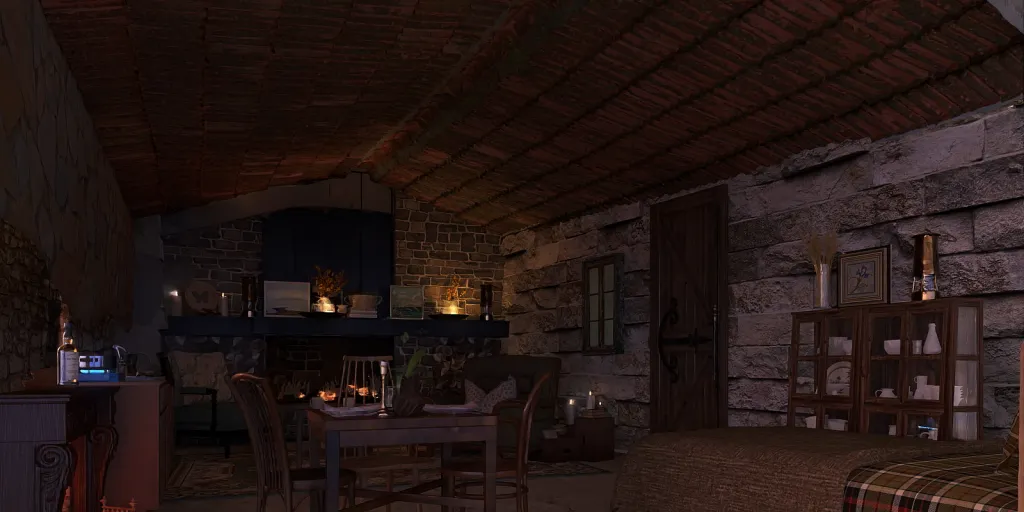 a room with a table and chairs and a fireplace 