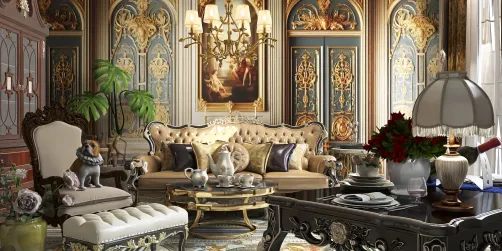 Luxurious living room with ornate furniture and elegant decor, featuring a classic chandelier and detailed wall design, showcasing interior design with Homestyler's real-time 3D rendering feature.