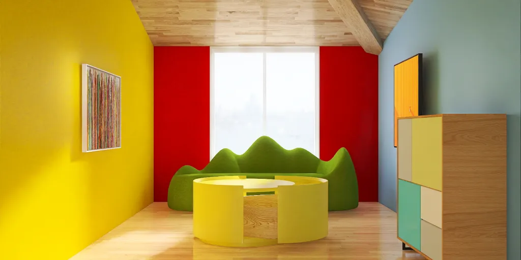 a green room with a yellow wall and a blue floor 