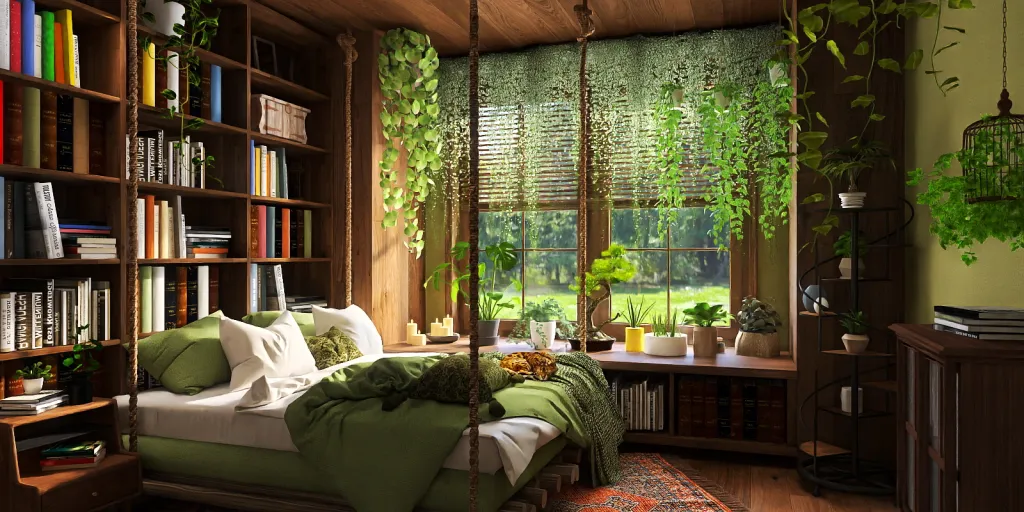 a living room with a large window and a large bookcase 