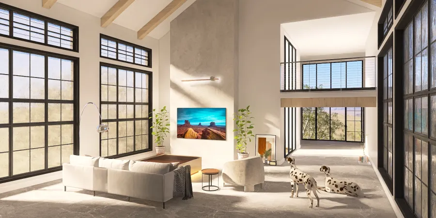 a living room with a large window and a large tv 