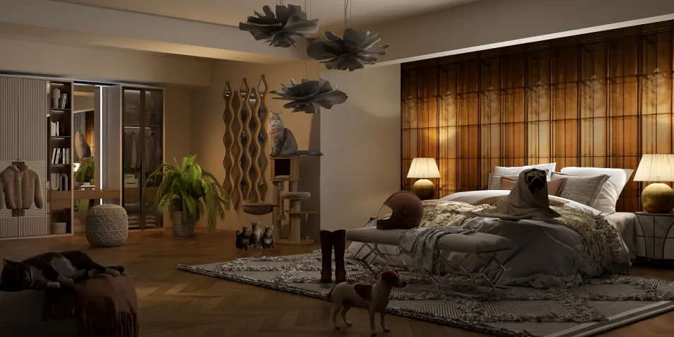 luxurious bedroom with elegant lighting showcasing furniture arrangement in a modern style, featuring Homestyler's real-time 3D rendering for immersive interior design visualization