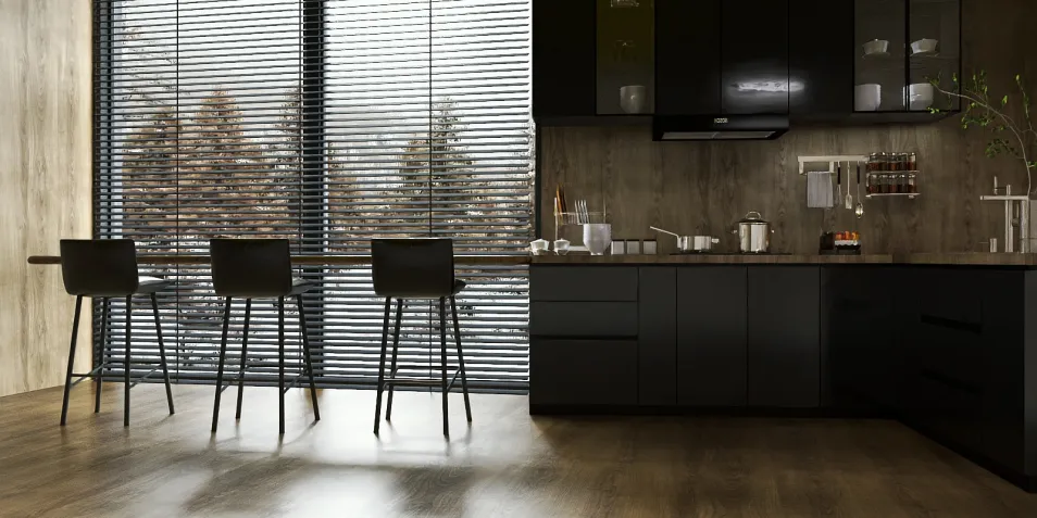 modern kitchen design featuring sleek black cabinetry and bar stools, showcasing an elegant aesthetic that enhances functionality for interior decor enthusiasts, utilizing Homestyler's real-time 3D rendering feature for effective design visualization.