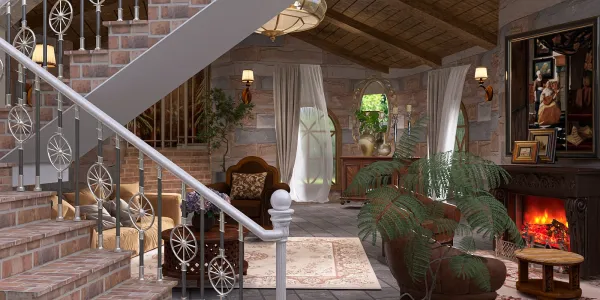 rustic living room with comfortable furniture and warm lighting, showcasing a cozy atmosphere with a fireplace, designed using Homestyler's real-time 3D rendering feature.