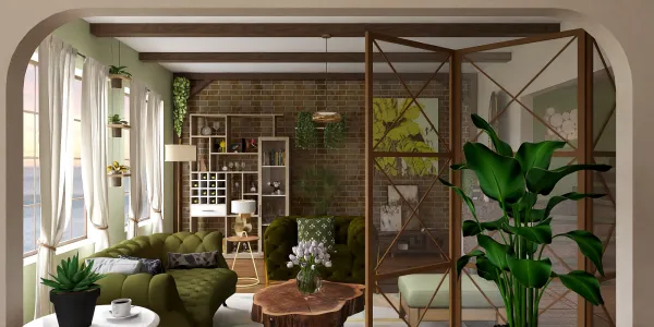 Living room with cozy seating arrangement featuring green furniture and a wooden coffee table, designed with a modern rustic style, showcasing Homestyler's real-time 3D rendering feature for interior design visualization.