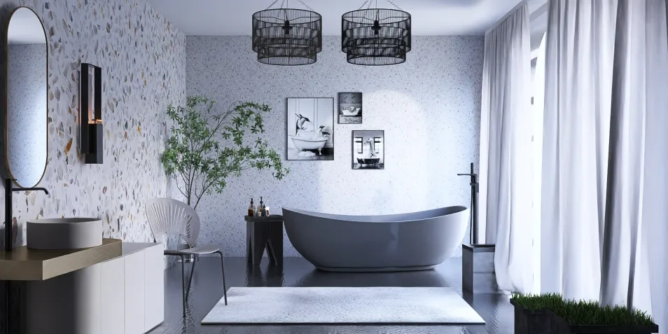 modern bathroom design featuring a freestanding bathtub and stylish decor elements, showcasing contemporary elegance in interior decor with Homestyler's real-time 3D rendering functionality.