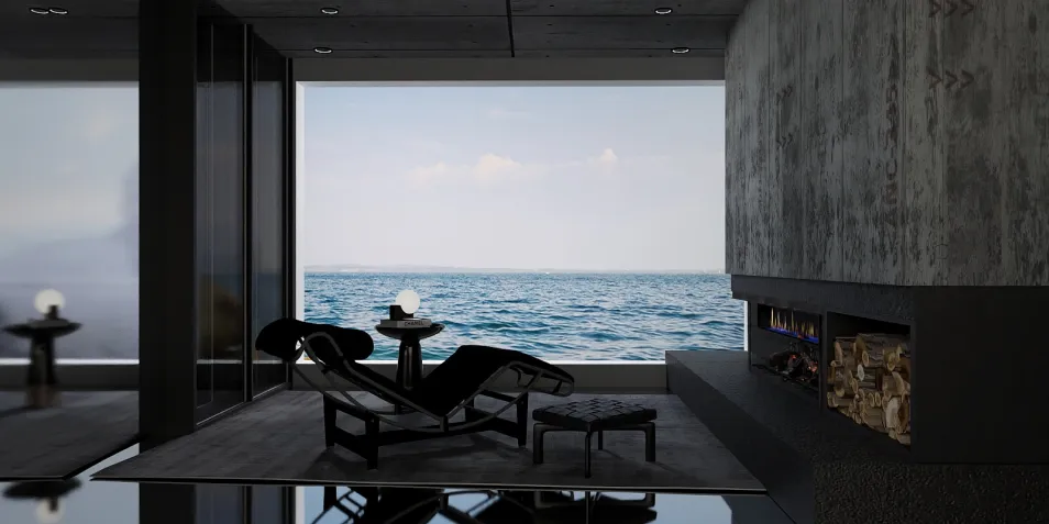 modern lounge chair overlooking ocean view with large windows featuring contemporary design elements, showcasing interior decor, facilitated by Homestyler’s real-time 3D rendering feature.