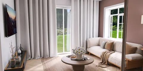 A cozy living room featuring a stylish sofa and elegant curtains, designed for optimal comfort and aesthetic appeal, with a focus on interior decor using Homestyler's real-time 3D rendering to visualize the design.