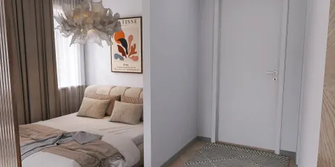 Cozy bedroom with a stylish layout featuring a comfortable bed and art decor; showcasing modern interior design ideal for small spaces; utilizing Homestyler's real-time 3D rendering feature.