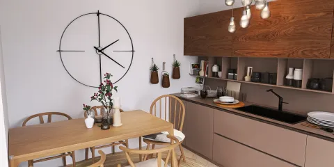 Modern kitchen interior design featuring a wooden dining table with chairs, stylish cabinetry, and a sleek sink, utilizing Homestyler's real-time 3D rendering for an efficient remodeling preview.
