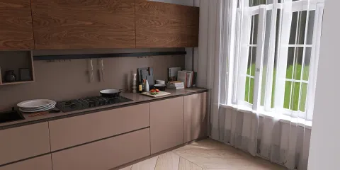 Modern kitchen interior design featuring sleek cabinetry and a contemporary layout, showcasing efficient space utilization with Homestyler's real-time 3D rendering feature.