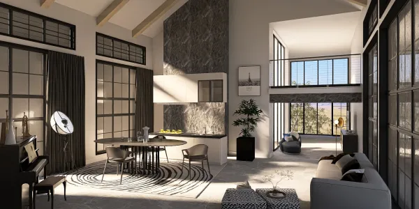 modern living room featuring an open layout with a large dining table; designed in a contemporary style enhancing spaciousness; showcasing Homestyler's real-time 3D rendering functionality for quick design visualization.