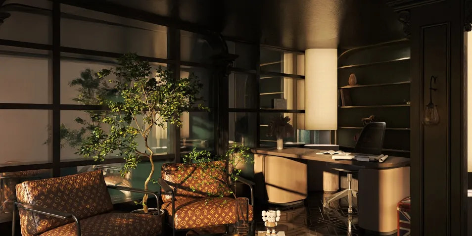 modern office interior featuring cozy seating and a workspace layout, showcasing stylish decor and efficient use of space, utilizing Homestyler's real-time 3D rendering for design visualization.