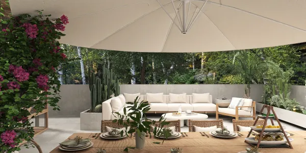 outdoor seating area with a large umbrella providing shade, featuring a modern design style, ideal for enhancing outdoor living spaces with Homestyler's real-time 3D rendering feature.