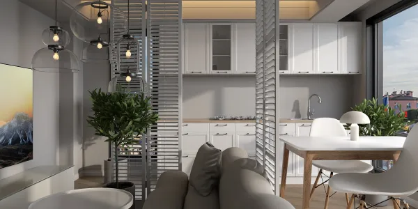 Modern kitchen with smart furniture arrangement showcasing stylish decor in a small living space optimized for functionality, highlighting Homestyler's real-time 3D rendering feature.