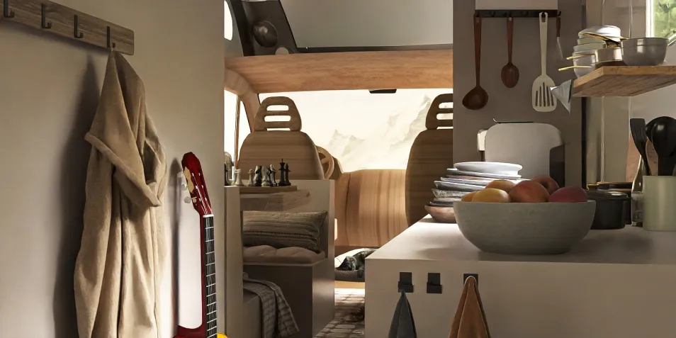 Cozy open kitchen interior with modern furnishings and warm lighting, showcasing a seamless blend of functionality and style. Features smart furniture arrangement for small spaces, utilizing Homestyler's real-time 3D rendering capabilities.