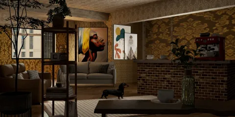 living room interior with vibrant wall art and a cozy sofa, showcasing a warm vintage style, featuring Homestyler's real-time 3D rendering for quick design previews.
