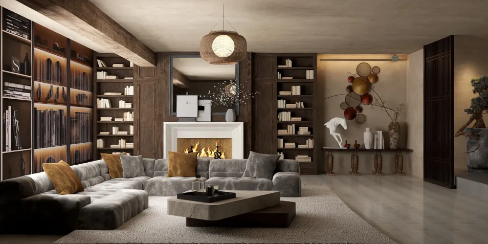 modern living room with a cozy gray sectional sofa, featuring an inviting fireplace and a decorative bookshelf, utilizing Homestyler's real-time 3D rendering for interior design visualization.