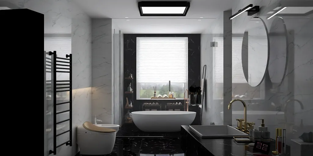 a bathroom with a tub, toilet and a window 