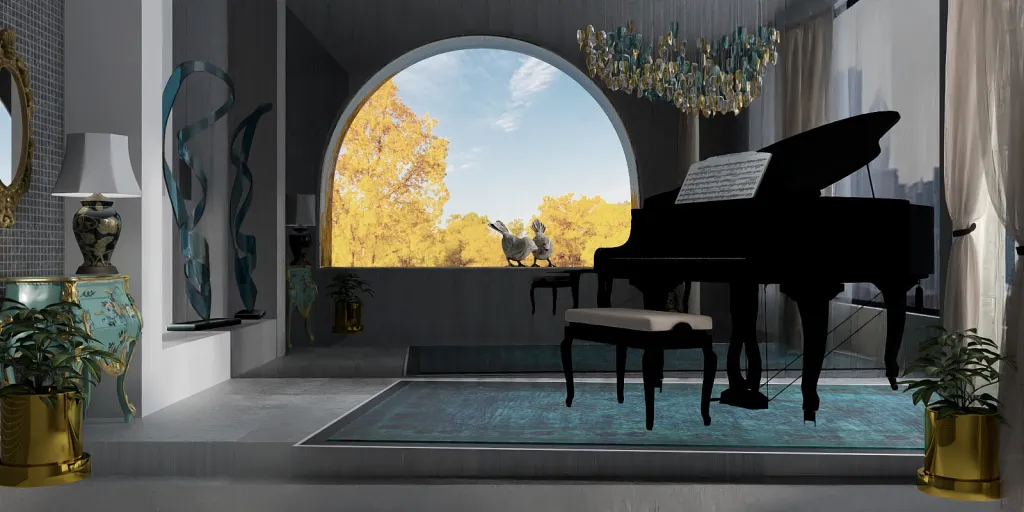 a room with a piano and a large window 