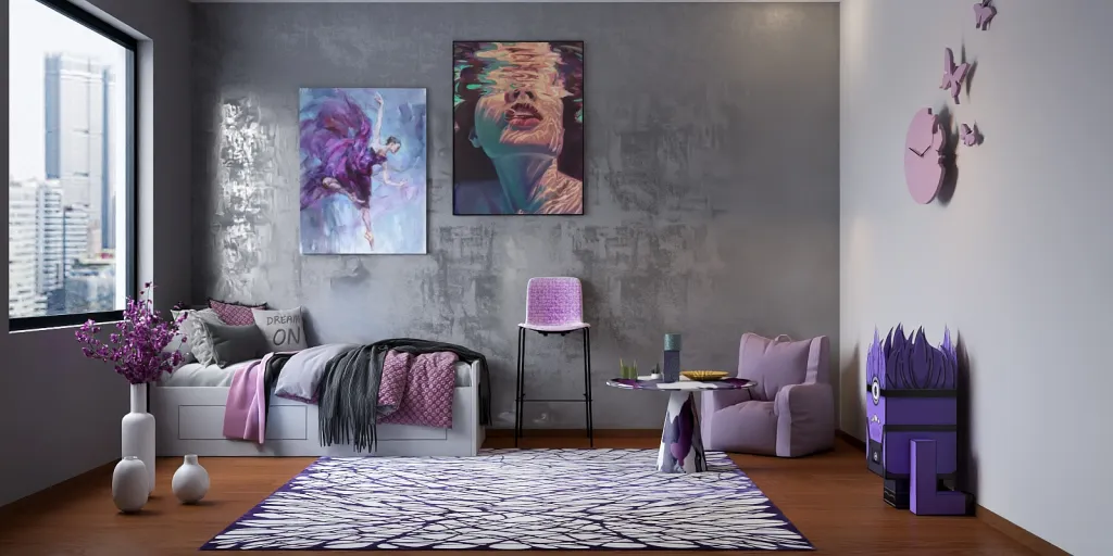 a living room with a painting on the wall 