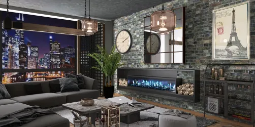 modern living room design featuring a cozy arrangement of furniture with a stylish fireplace, urban brick wall backdrop, incorporating smart furniture layout, showcasing Homestyler's real-time 3D rendering feature.
