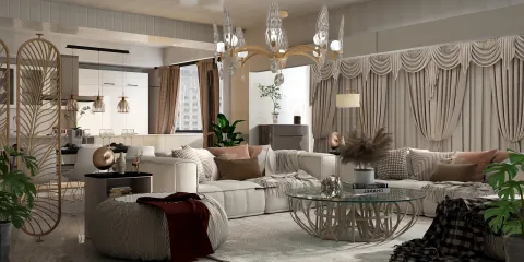 luxurious living room featuring plush seating arrangements and elegant drapery showcasing a modern design aesthetic, highlighting interior decor with Homestyler's real-time 3D rendering feature.