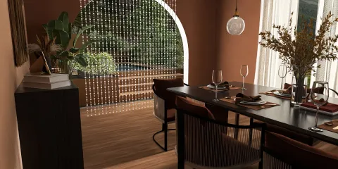 a modern dining room featuring a rectangular table set for dinner with elegant tableware, incorporating warm earthy tones, showcasing an indoor plant arrangement, rendered using Homestyler's real-time 3D rendering for an immersive design experience.