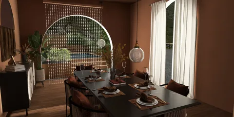 dining area with elegant table setting featuring soft lighting and natural elements creating a warm atmosphere, showcasing interior decor design, utilizing Homestyler's real-time 3D rendering feature.