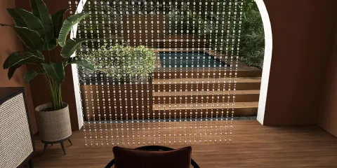 interior space showcasing a living area with a decorative beaded curtain design leading to a serene outdoor pool area, utilizing homestyler's real-time 3D rendering feature for visualization.