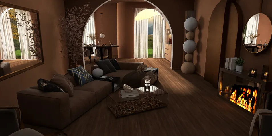 cozy living room with a modern sofa layout showcasing a warm color palette and elegant decor, featuring Homestyler's real-time 3D rendering for quick design previews.