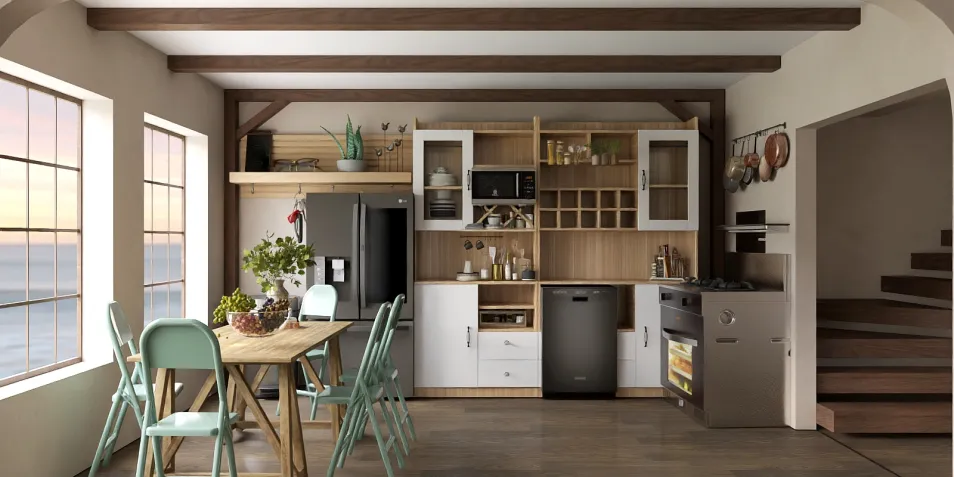 Modern kitchen interior design featuring smart furniture arrangement with an emphasis on space optimization, showcasing Homestyler's real-time 3D rendering capabilities.