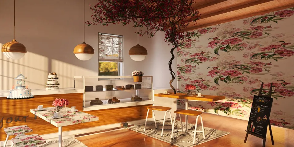 cozy dining area with floral wallpaper featuring elegant wooden furniture in a contemporary style optimizing small space using Homestyler's smart furniture arrangement feature