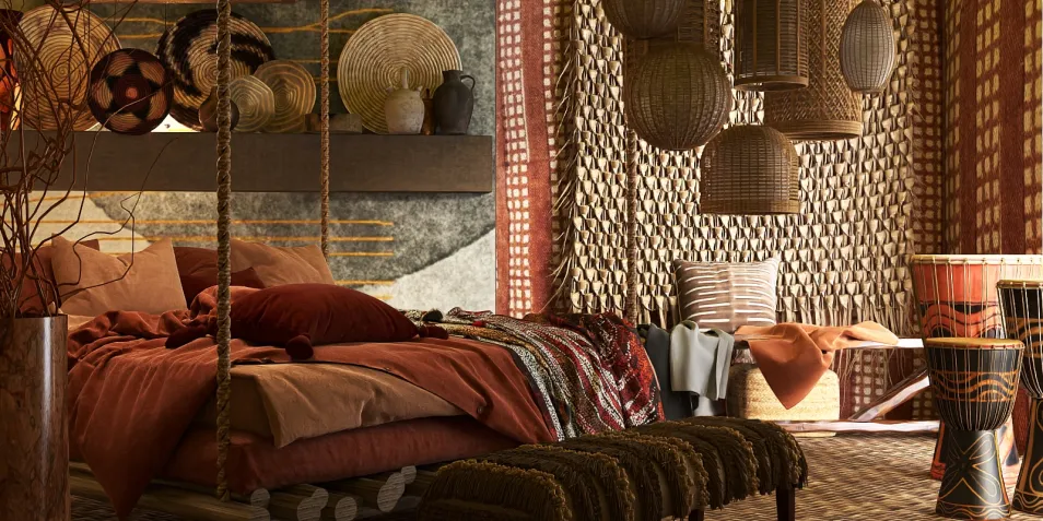 bohemian bedroom interior design showcasing textiles and handmade decor, featuring vibrant colors and natural materials, optimizing small spaces with Homestyler's 3D rendering technology.