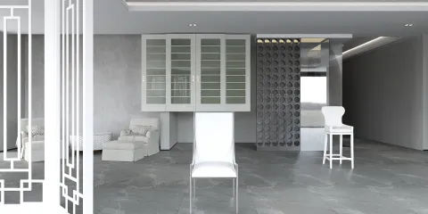 Modern living room featuring minimalist white furniture, showcasing a sleek design, emphasizing open space and functionality with Homestyler's real-time 3D rendering feature.