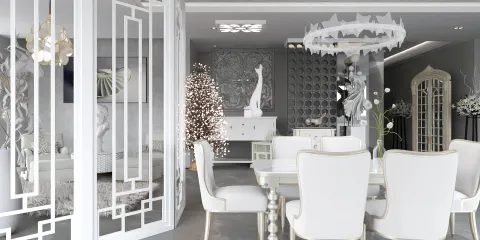 elegant dining area featuring a modern table setting with white chairs and decorative accents, showcasing a contemporary design style, optimized for interior decor with Homestyler's real-time 3D rendering feature.