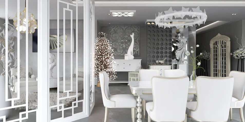 elegant dining area featuring a modern table setting with white chairs and decorative accents, showcasing a contemporary design style, optimized for interior decor with Homestyler's real-time 3D rendering feature.