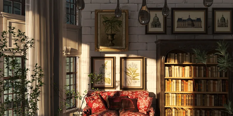 cozy living room with vintage floral sofa and warm lighting showcasing a library wall and framed art, featuring Homestyler's real-time 3D rendering for interior design visualization
