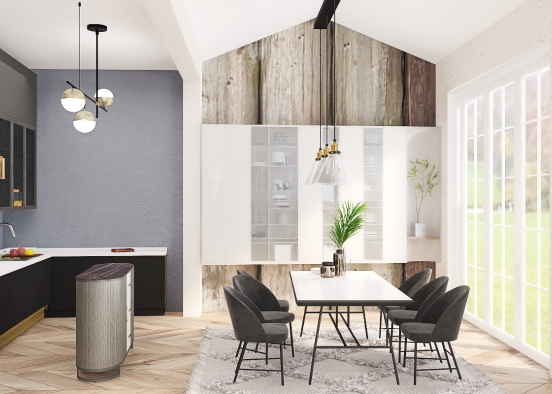 Grey kitchen and dining Design Rendering