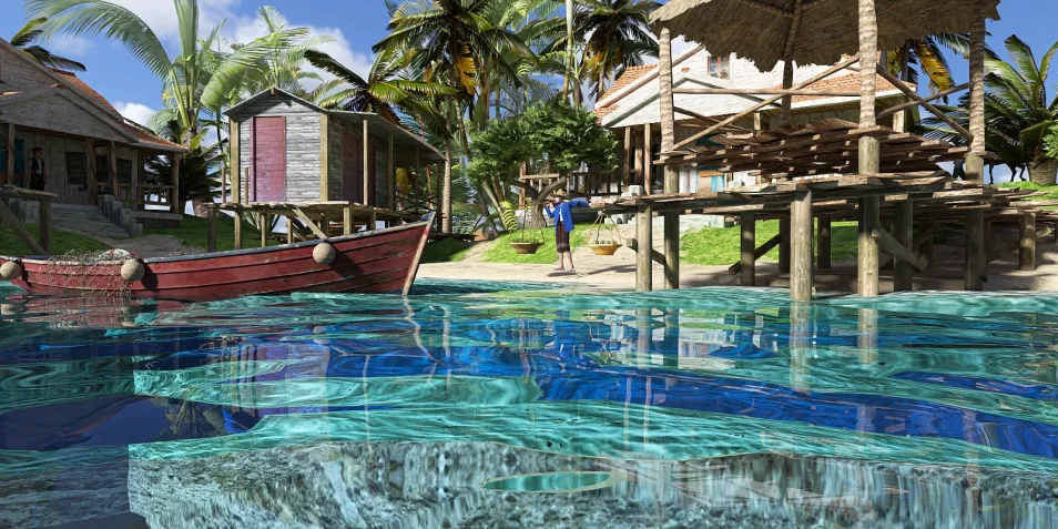 beautiful tropical beach scenery with clear blue water and wooden structures, showcasing 3D interior design for a beach house, emphasizing homestyler's real-time 3D rendering feature.